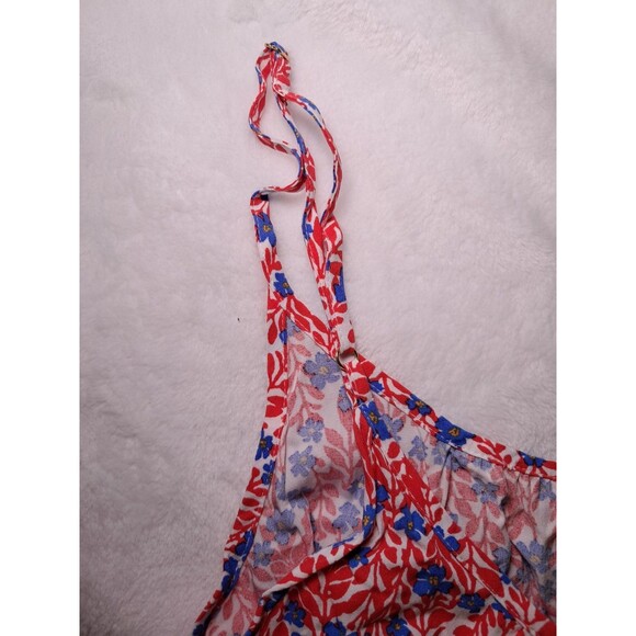 J. Crew Ruffle Midi Curved Hem Dress Red Blue Floral Strappy BI399 Size 14 - Picture 8 of 12